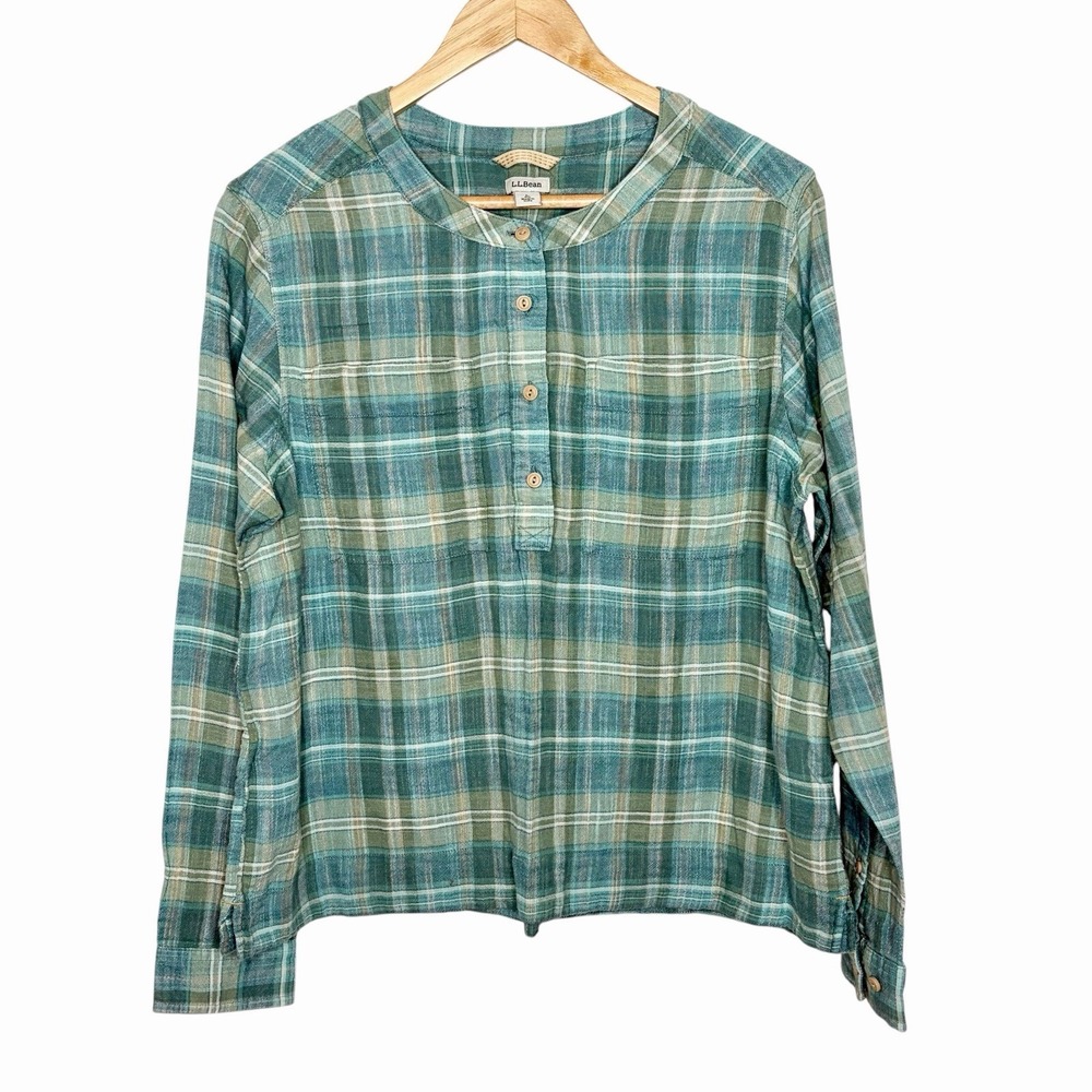 LL Bean Plaid Henley Top Green Womens Size L Fisherman Granola Girl Indie Cotton